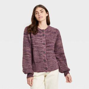 Who What Wear XS Front Gem Button Purple Women's Cardigan Crew Neck Long Sleeve